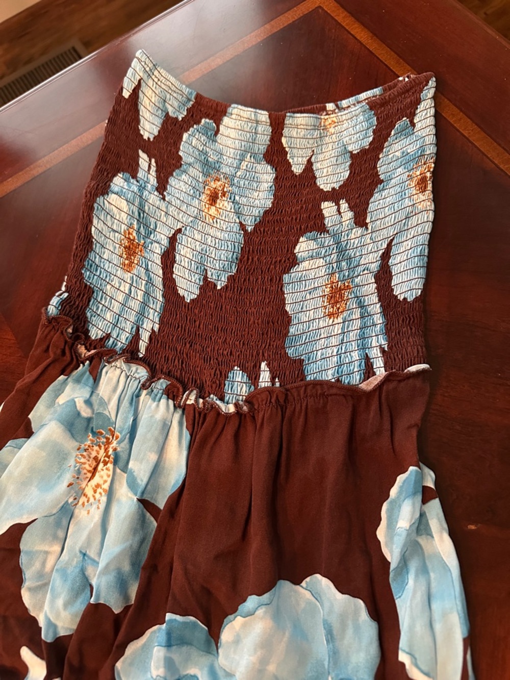 Strapless Floral Maxi Dress in Brown and Light Blue - Picture 3 of 3